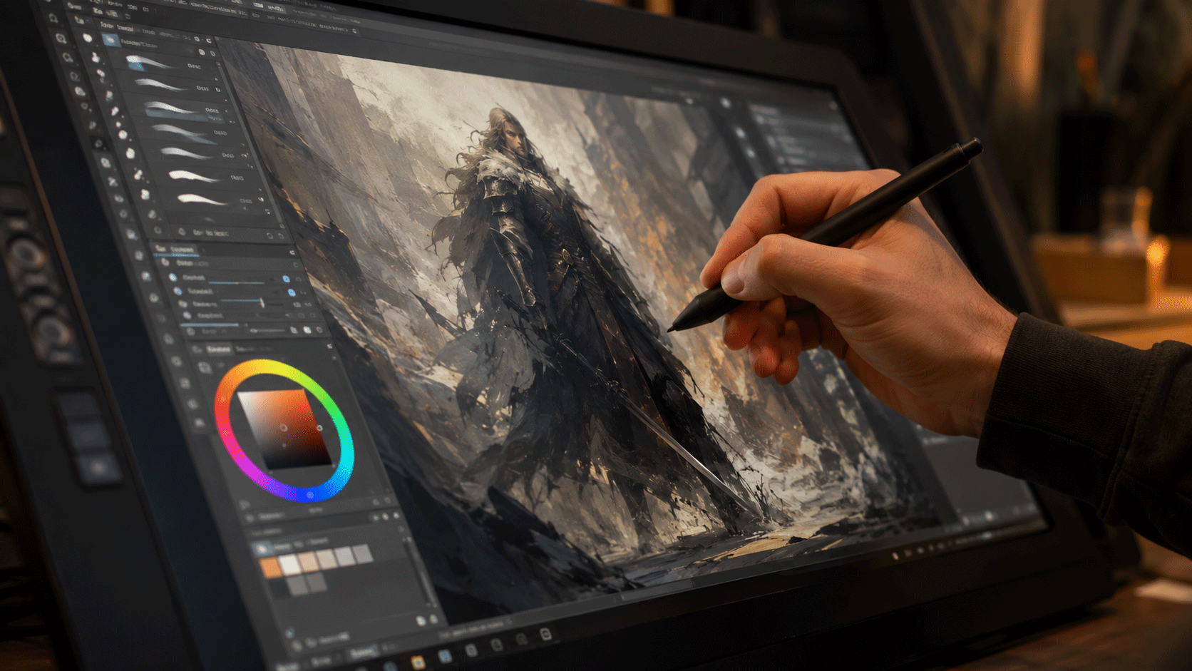 Họa sĩ kỹ thuật số sử dụng bảng vẽ điện tử để vẽ concept art và làm seamless texture trên phần mềm đồ họa mã nguồn mở miễn phí.