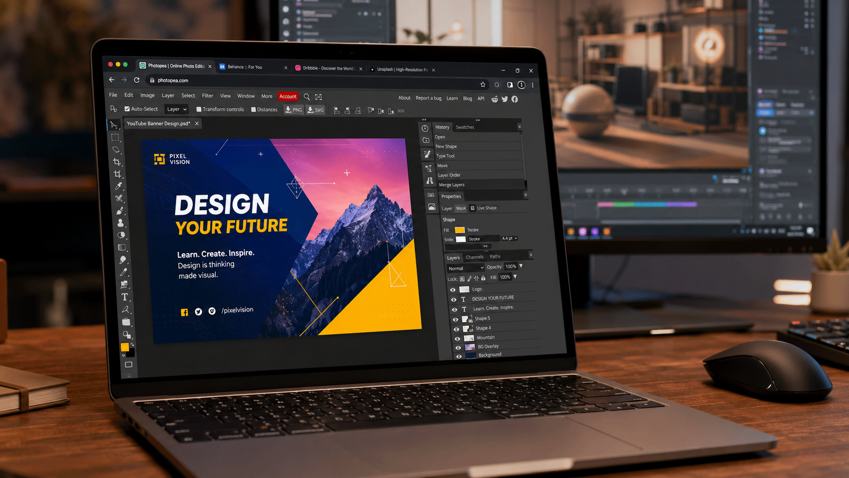Trình chỉnh sửa ảnh Photopea chạy trực tiếp trên tab trình duyệt web hiển thị đầy đủ công cụ và layer giống app chỉnh ảnh giống photoshop.