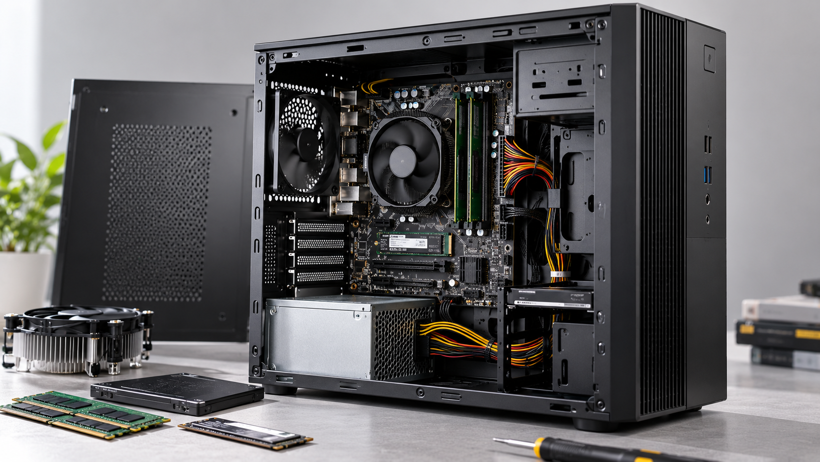 Cấu hình PC học tập với CPU, RAM, SSD và hệ thống tản nhiệt