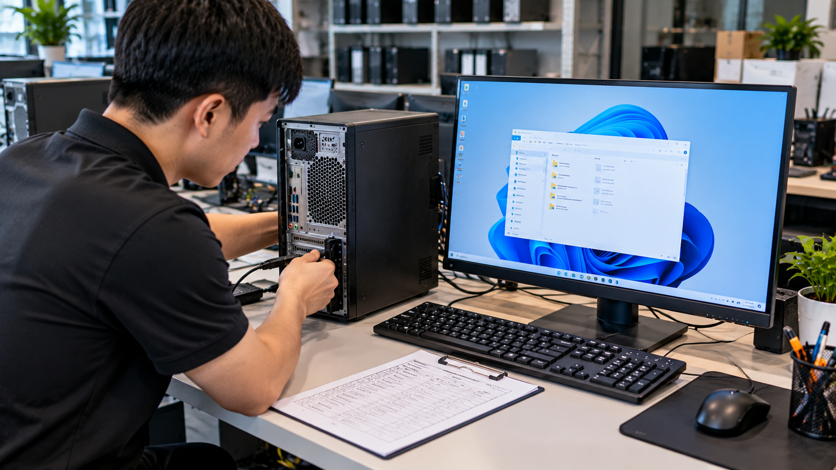 Kỹ thuật viên kiểm tra PC bộ kèm màn hình và phụ kiện trước khi bàn giao