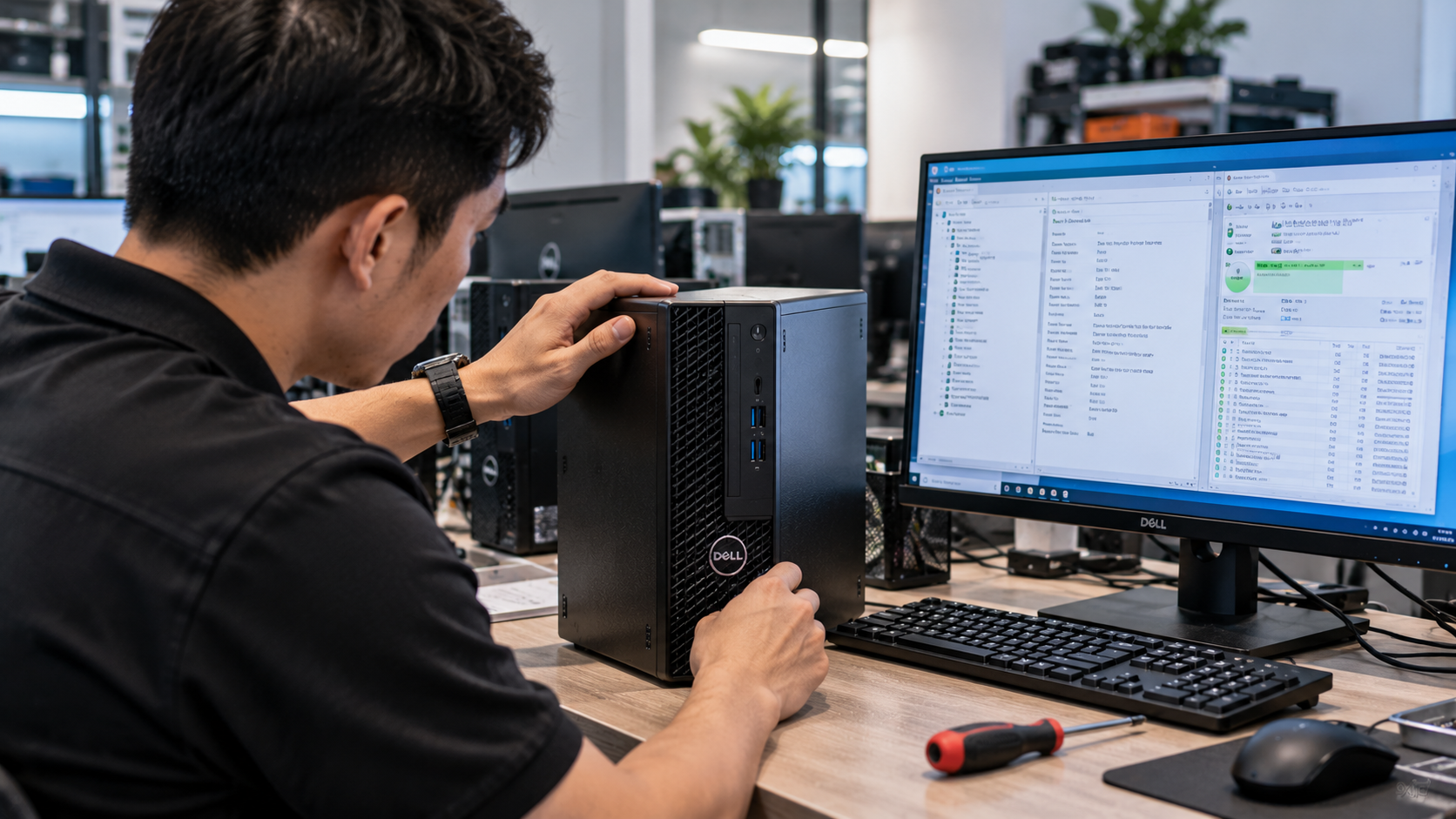 Kỹ thuật viên kiểm tra máy bộ Dell OptiPlex trước bàn giao