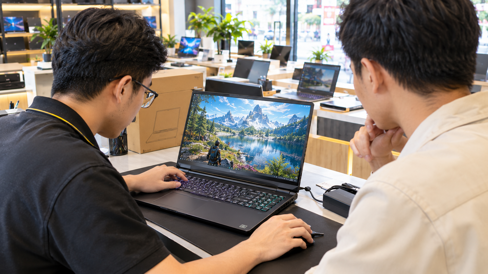 Kỹ thuật viên kiểm tra laptop gaming trước khi bàn giao khách hàng