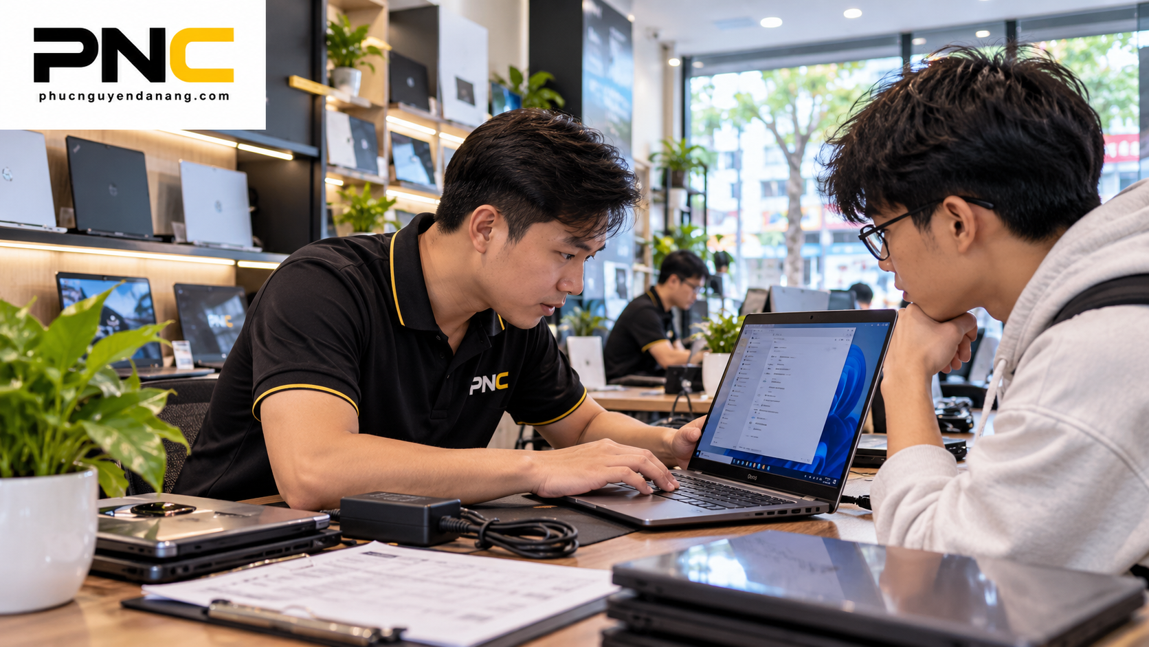 Kỹ thuật viên kiểm tra laptop trước khi bàn giao cho sinh viên tại Đà Nẵng