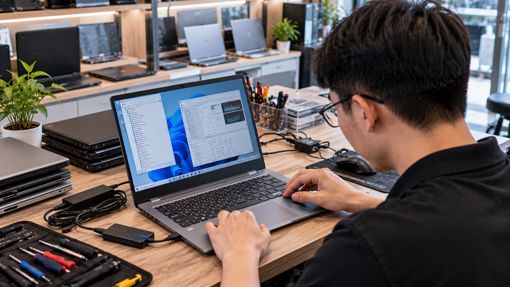 Kỹ thuật viên kiểm tra màn hình bàn phím và tình trạng laptop trước khi bán