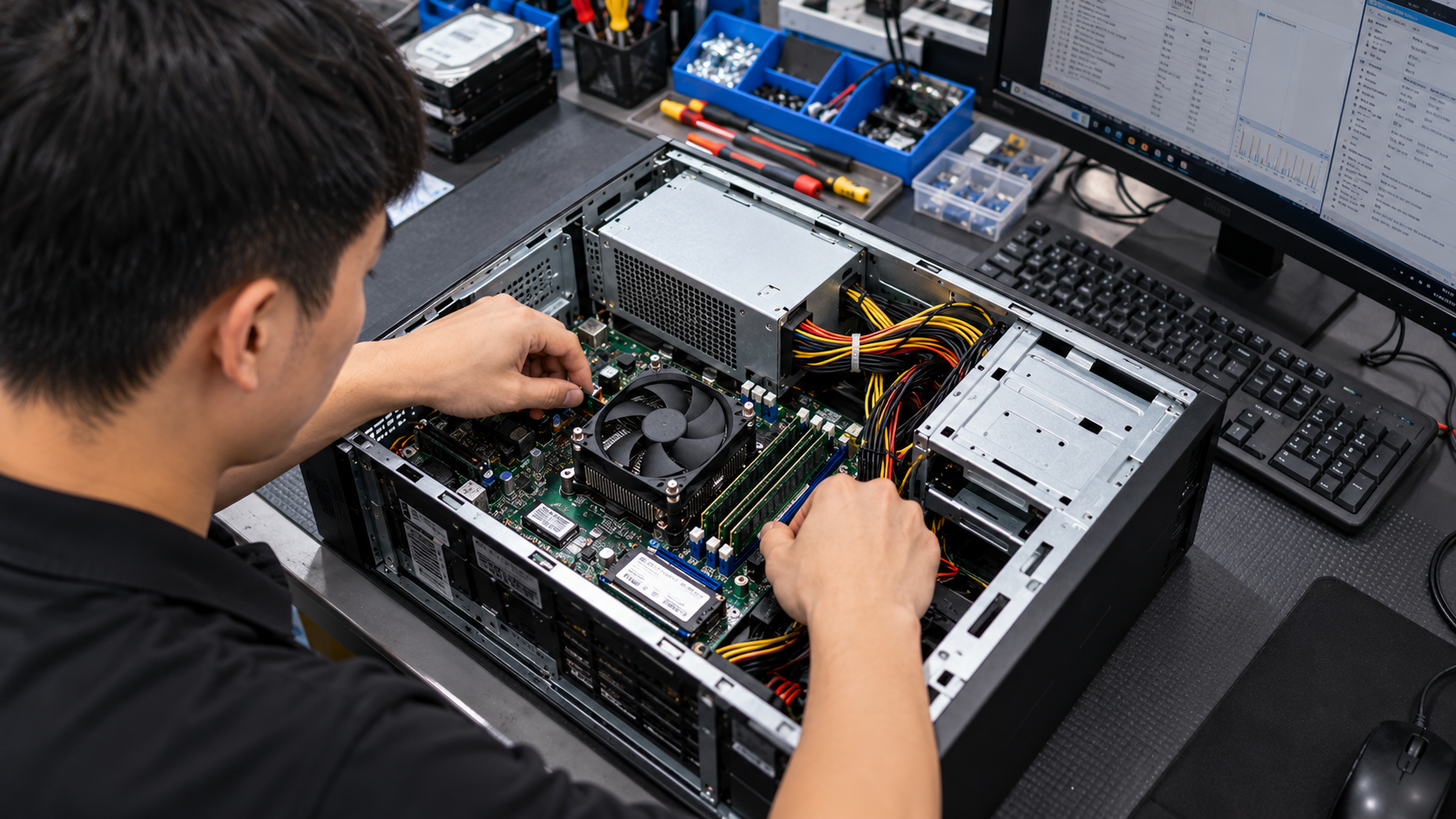 Kỹ thuật viên kiểm tra RAM SSD CPU và phần cứng PC cũ trước khi bán