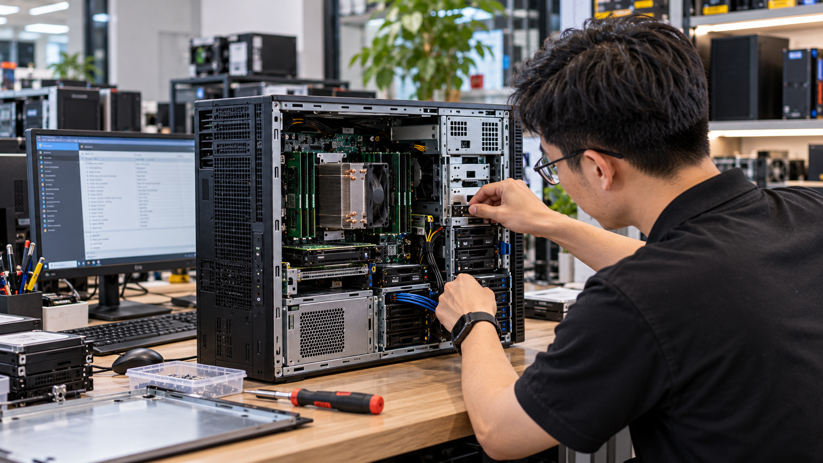 Kỹ thuật viên kiểm tra phần cứng máy chủ Server trước khi bán