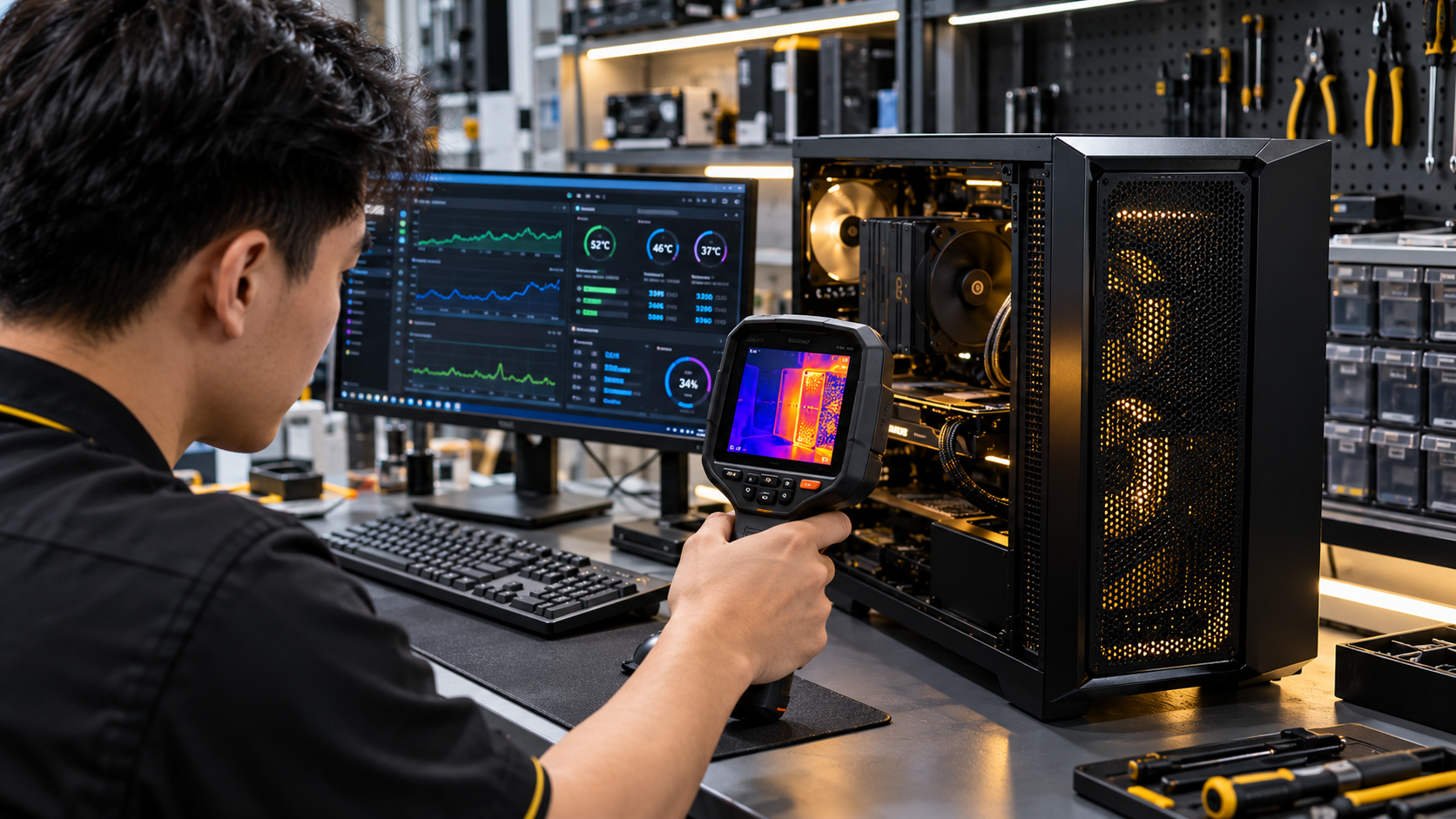 Kỹ thuật viên kiểm tra nhiệt độ và độ ổn định PC giả lập MMO