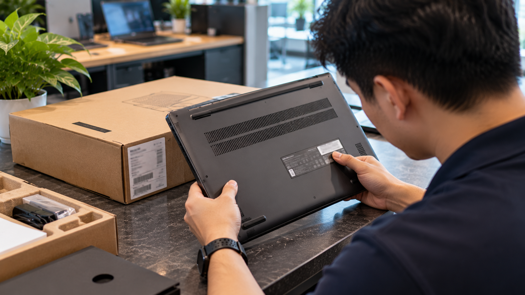 Kỹ thuật viên đối chiếu model và serial laptop chính hãng