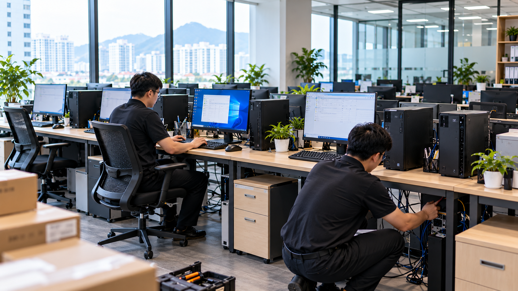 Kỹ thuật viên lắp đặt và nghiệm thu hệ thống PC doanh nghiệp tại văn phòng