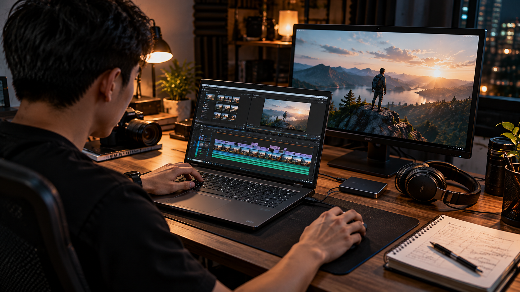 Biên tập viên dựng video trên laptop đồ họa với màn hình ngoài và ổ SSD