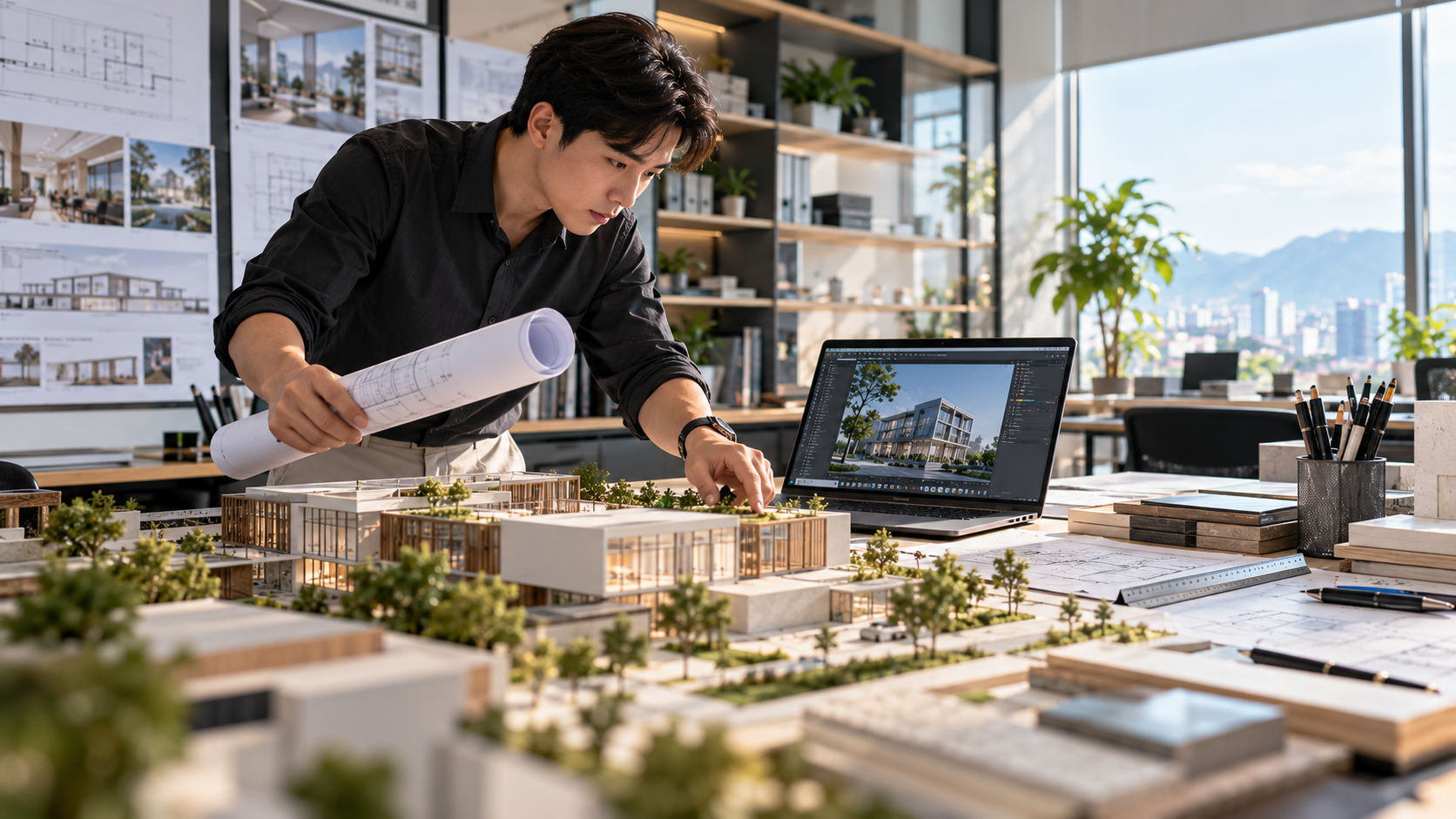 Kiến trúc sư sử dụng laptop đồ họa để kiểm tra mô hình thiết kế 3D