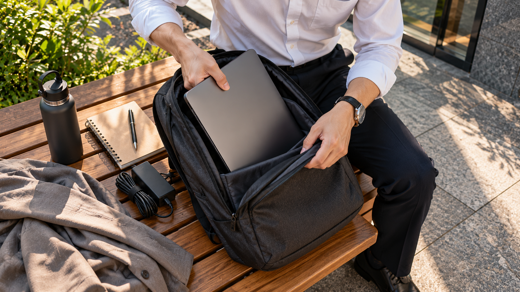 Laptop văn phòng mỏng nhẹ được cất vào balô cùng bộ sạc khi đi làm