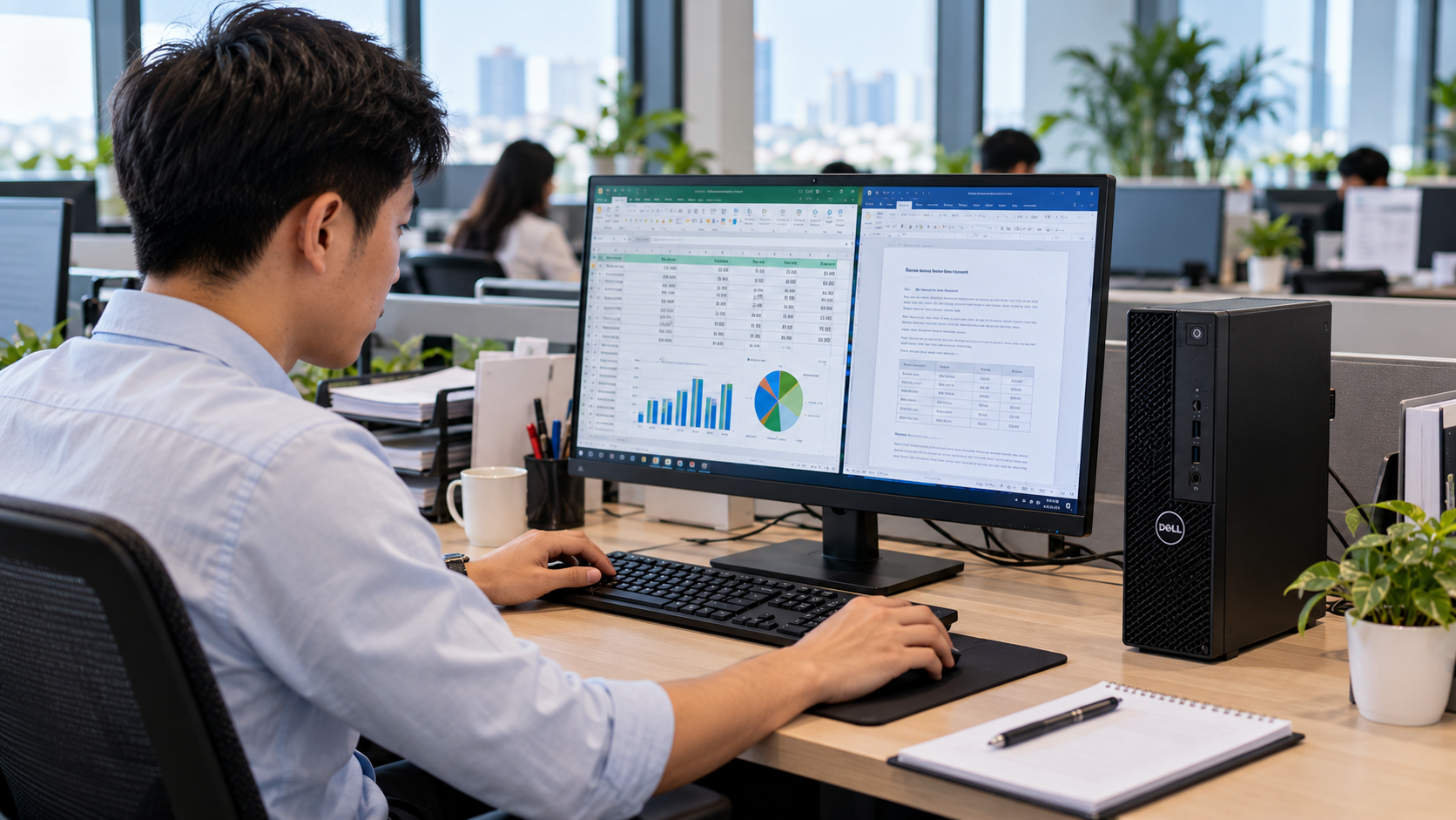 Nhân viên văn phòng sử dụng máy bộ Dell để xử lý công việc