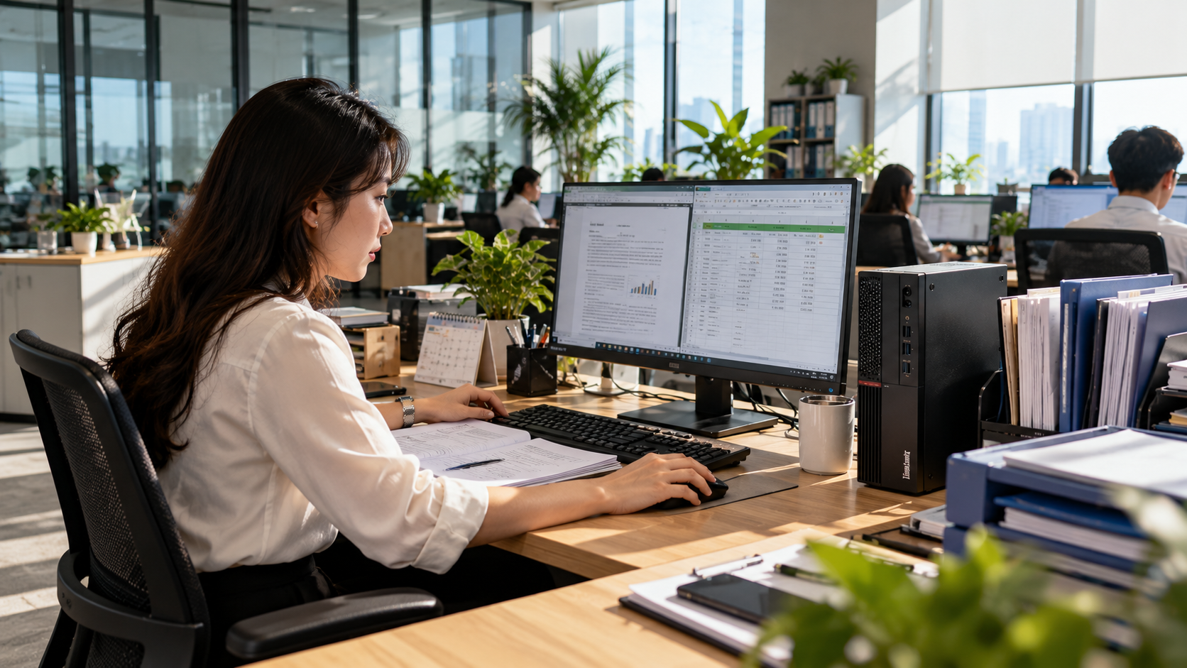 Nhân viên sử dụng máy bộ Lenovo ThinkCentre trong văn phòng doanh nghiệp