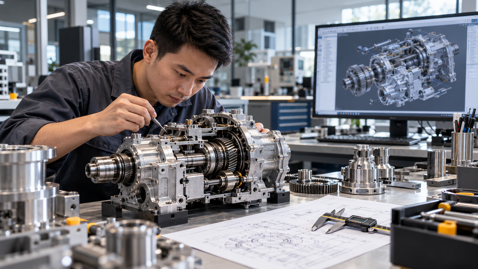 Kỹ sư thiết kế cơ khí sử dụng máy tính workstation để phát triển mô hình CAD