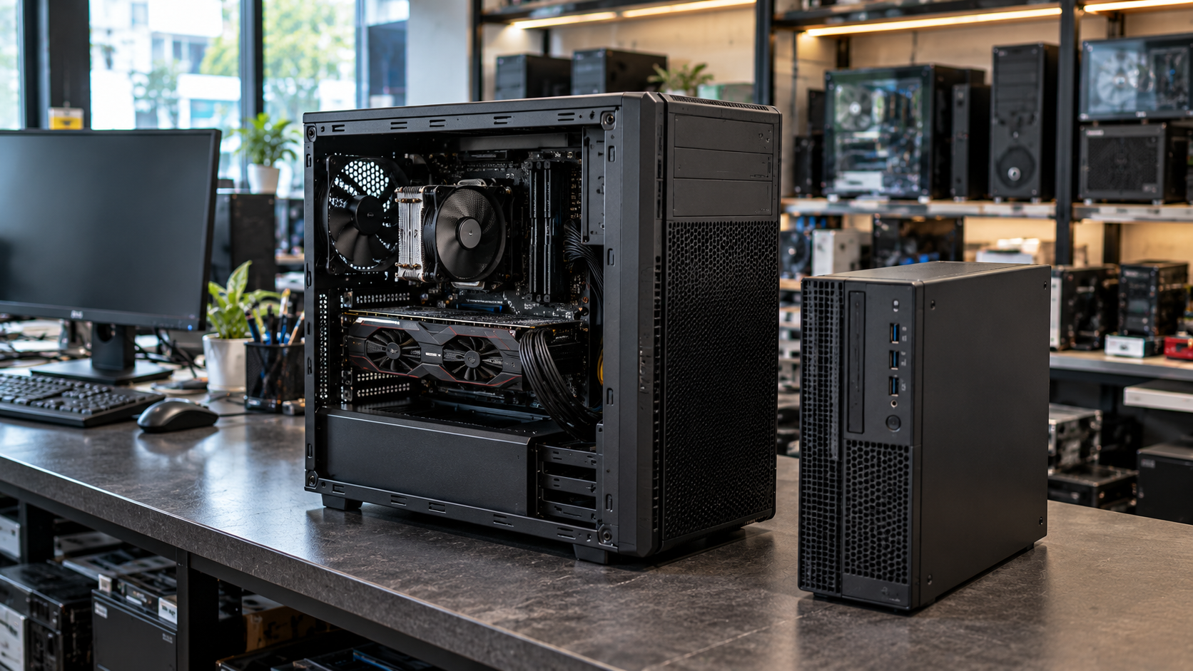 PC Gaming cũ và PC đồng bộ văn phòng cũ tại cửa hàng máy tính
