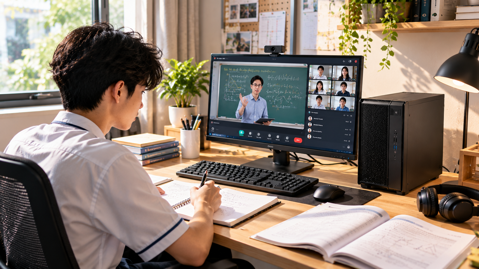 Học sinh sử dụng PC học tập để tham gia lớp học online tại nhà