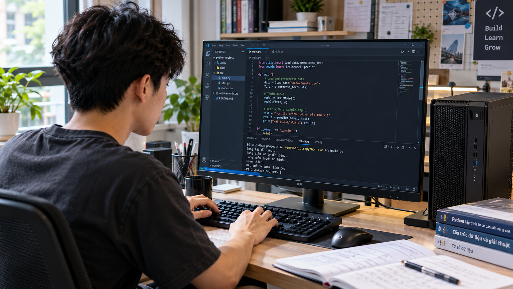 Sinh viên công nghệ thông tin sử dụng PC học tập để lập trình Python