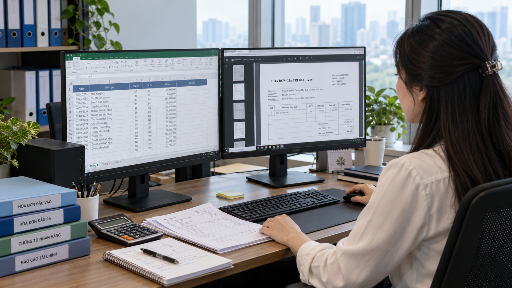 PC kế toán hai màn hình phục vụ Excel và đối chiếu chứng từ