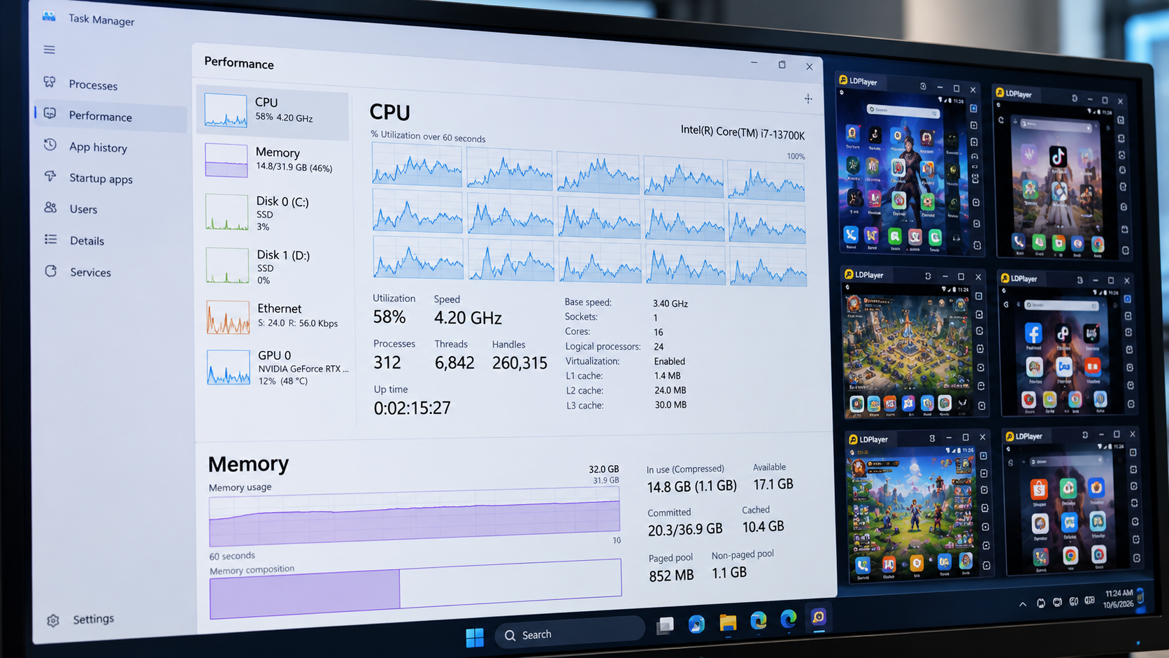 Theo dõi mức sử dụng CPU và RAM khi chạy nhiều giả lập Android