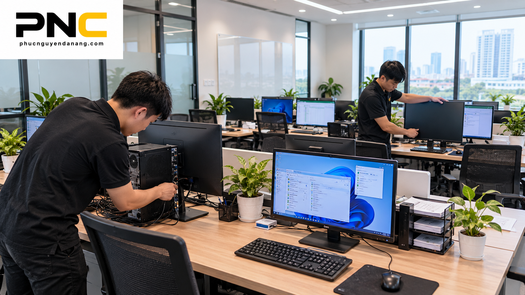 Kỹ thuật viên IT triển khai và kiểm tra màn hình máy tính văn phòng tại Đà Nẵng