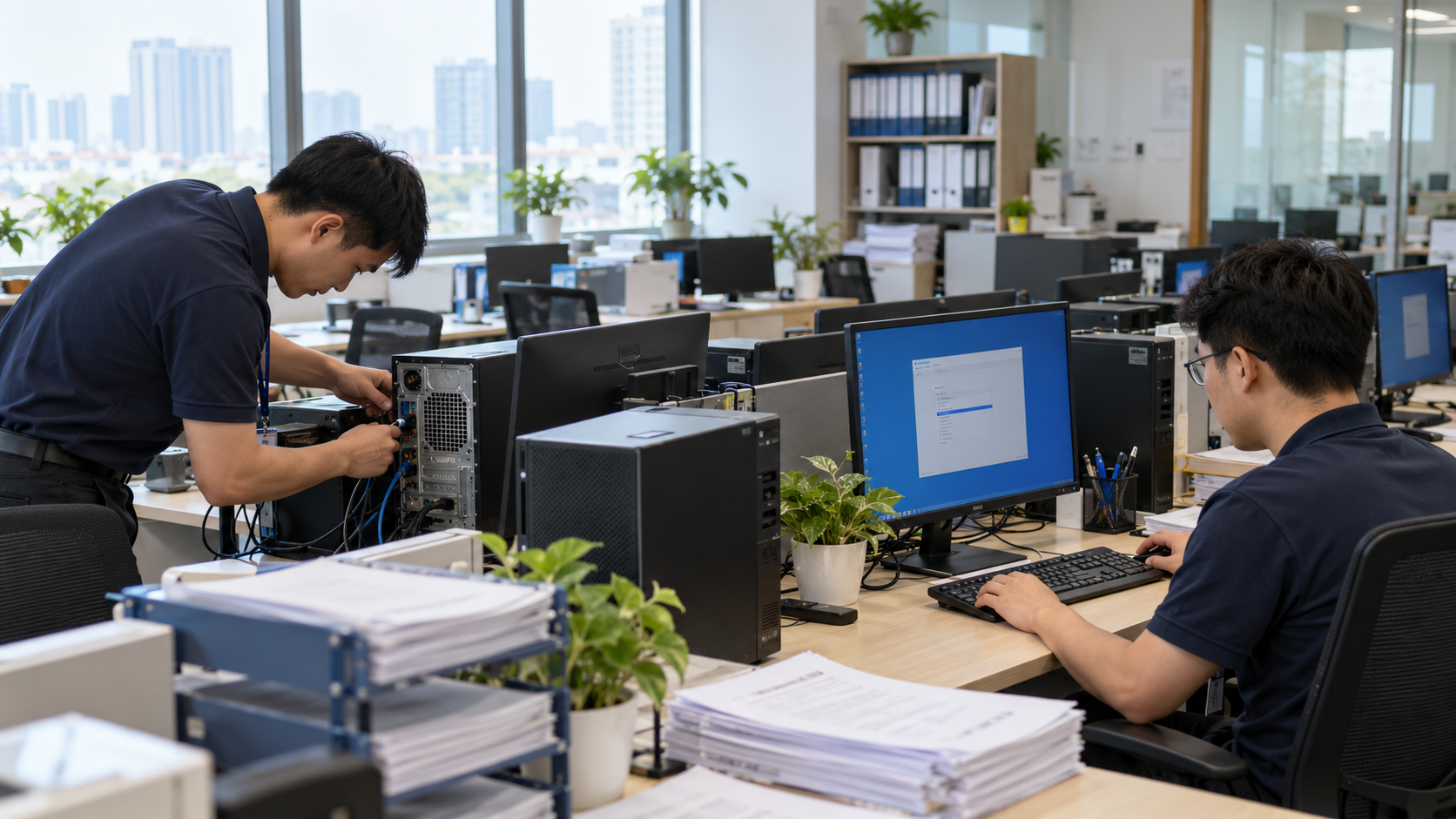 Kỹ thuật viên triển khai và kiểm tra máy tính kế toán tại văn phòng doanh nghiệp