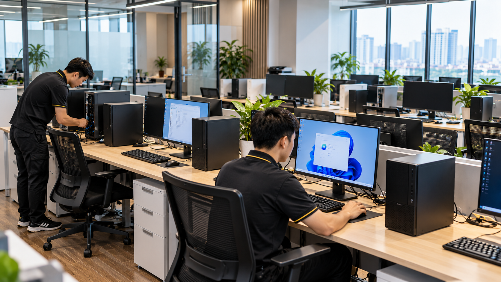 Kỹ thuật viên lắp đặt và kiểm tra nhiều bộ PC văn phòng cho doanh nghiệp